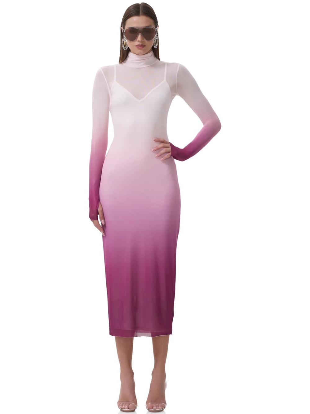 Sheer Ombre Long-Sleeve Midi Dress in Pink